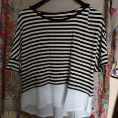Lサイズ 黒白ストライプ フリル袖 Tシャツ ドッキングシャツ 重ね着風
