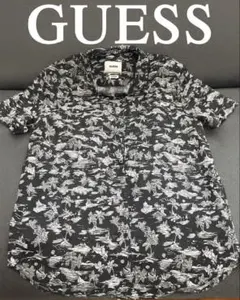 GUESS アロハシャツMリーフ柄リゾートモチーフ 開襟シャツ黒×白メンズ 美品