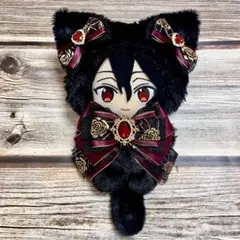 ぬい服　着ぐるみ　16cm 黒ネコ　ワインレッドとゴールド薔薇リボン
