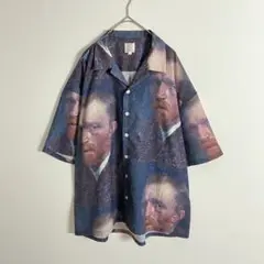 半袖シャツ　柄シャツ　総柄　ゴッホ　肖像　偉人　オープンカラー　青　ブルー　古着