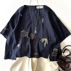 極美品 アトリエドゥサボン お部屋でガーデニング刺繍ブラウス 麻100%