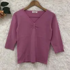 ★a.v.v★アーヴェヴェ 7分袖トップス【XL】毛100% Vネック ピンク