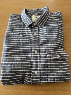 AIGLE エーグル　ブルーグレー×白 ストライプ長袖シャツ　麻50%綿50%