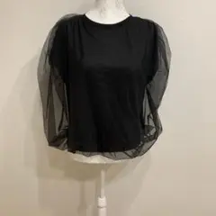 黒メッシュフレアスリーブトップス