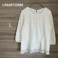 LINDSTRÖM 【L】ホワイト 総レース　７分袖　ブラウス　裾切フリル