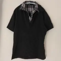 ブラウン半袖ポロシャツ XL チェック襟