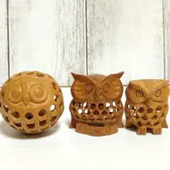 ④木製　フクロウ　透し彫り　置物　インド　木工