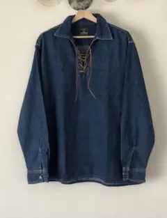 80's BASIC レースアップデニムシャツ 3（XL）インディゴ 綿 美品