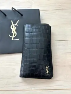 SAINT LAURENT ブラック長財布　クロコダイル型押し