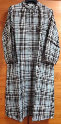 ★美品★サマンサモスモス リネンチェックワンピース M ブルーグレー系