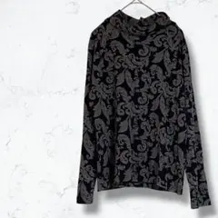 (№1885)ハブアナイストリップ カットソー 黒系 L 総柄 長袖 レトロ