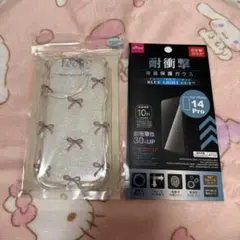 【iPhone14pro用】リボン柄iPhoneケースと保護ガラスフィルムセット