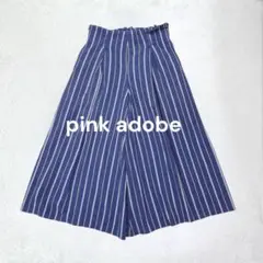 ピンクアドベ◆ストライプ ハイウエスト ボリュームガウチョパンツ M ネイビー♪