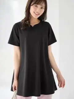 ロングフレアーＴシャツチュニック　ブラック　LL