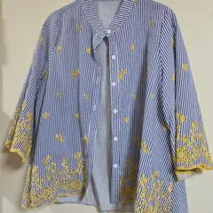 青白ストライプ刺繍長袖シャツ