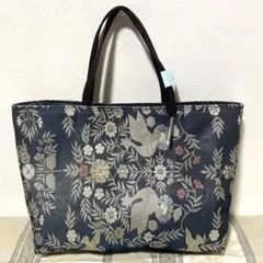 2630特大：濃紺に金通し向鳥草花文様　帯 バッグ リメイク ハンドメイド