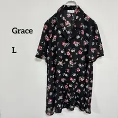 Grace ブラック フラワープリント 半袖シャツ Lサイズ c338