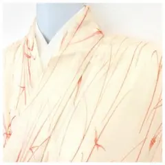 美品　夏絽　小紋　竹模様　クリーム　化繊　裄62　身丈162