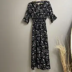 フリーズマート 花柄 半袖ロングワンピース ネイビー