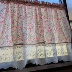 カフェカーテン　ボタニカル草花×花柄刺繍シフォンレース　幅広❗️113×55cm