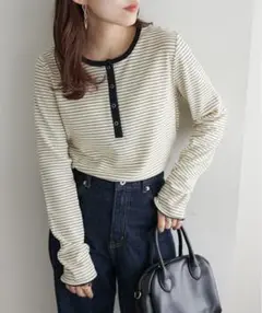 ワッフルボーダー長袖Tシャツ アイボリー