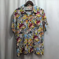 美品 パンディエスタ アメコミ風 総柄 ちりめん 半袖 アロハシャツ M