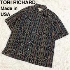USA製　トリリチャード　アロハシャツ　ストライプ　ボタニカル　リーフ　黒　L
