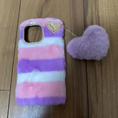 ファー iPhone14Pro MAXケース ピンク紫 ストライプ