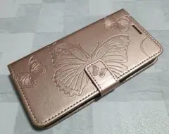 iPhone16 用 ケース 手帳型 蝶柄 バタフライ ピンクゴールド