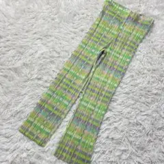 プリーツプリーズイッセイミヤケ ブロックプリントプリーツパンツ 黄緑マルチ L