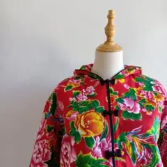 フード付き チャイナコート 花 鳥