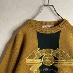 【長袖ニット セーター 刺繍 ゆるだぼ 古着 黄色 緑 ロゴ】
