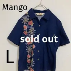 Mango 沖縄かりゆしウェア レディース アロハシャツハイビスカス 紺 L