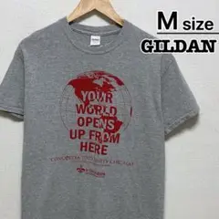 USA古着　GILDAN　Tシャツ　M　グレー　プリント　地球　カレッジ　ロゴ