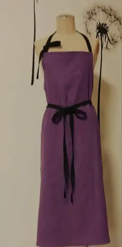 リネン100 　ハンドメイド　シンプル　大人　エプロン　フリーサイズ　藤紫