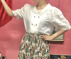 589.チューリップ刺繍 ホワイト ブラウス アンティーク ナチュラル 【古着】