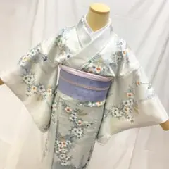【1323】着物 小紋 袷 化繊 桜 藤 地紋入り ~159cm