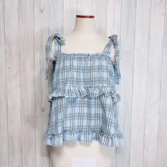 美品【B.O】フリルビスチェ トップス チェック柄 リボンショルダー 身幅ゴム