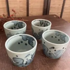 手描き　染付　波模様　そば用　そば猪口　食器4個セット