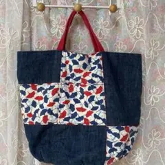 中古品❣️デニムパッチワークバック 持ち手短め❣️サブバック