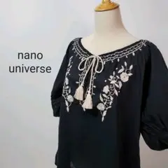 B375ナノユニバース半袖ブラウス刺繍パフスリーブブラック黒コットン綿チュニック