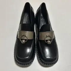 牛革 高級感 上品 厚底 靴 ローファー 黒 ブラック 24cm レディース