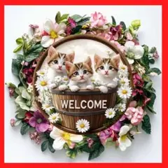 ねこ 猫 ウェルカムボード 木製リース ガーデニング 玄関プレート アンティーク