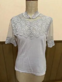 ミセス　シアーカットソー　レース半袖　グレー