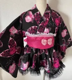 フリル付き　黒　ピンク　花柄　浴衣ドレス