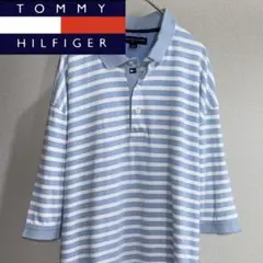 TOMMY HILFIGER 水色 青 ストライプ 半袖ポロシャツ トミー