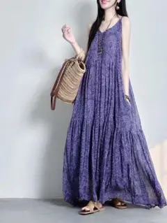 キャミワンピ ロング 夏 Aライン リゾート 楽ちん ノースリーブ