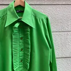 70s ユーロ古着 緑 フリルシャツ デザインシャツ 長袖シャツ vintage