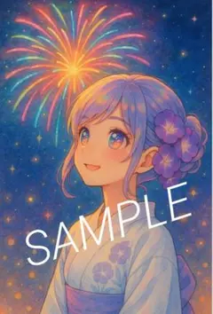 花火大会と美少女イラスト アニメ風 水彩風 kawaii 夏 浴衣No.105
