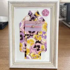 友禅和紙着物切り絵貼り絵ハンドメイドフォトフレーム入りパンジー紫系
